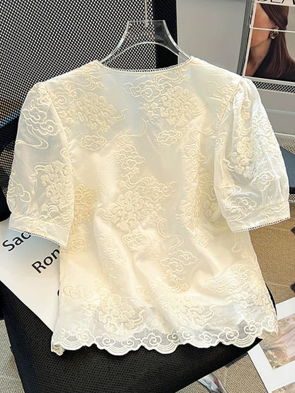 Clearance sale~Summer V-neck lace bubble short-sleeved shirt for women, new Chinese style heavy embroidery national style top