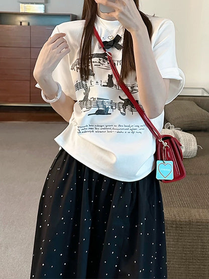 White right shoulder short-sleeved T-shirt for women 2024 new hot style summer super good-looking musical note cat fun printed top