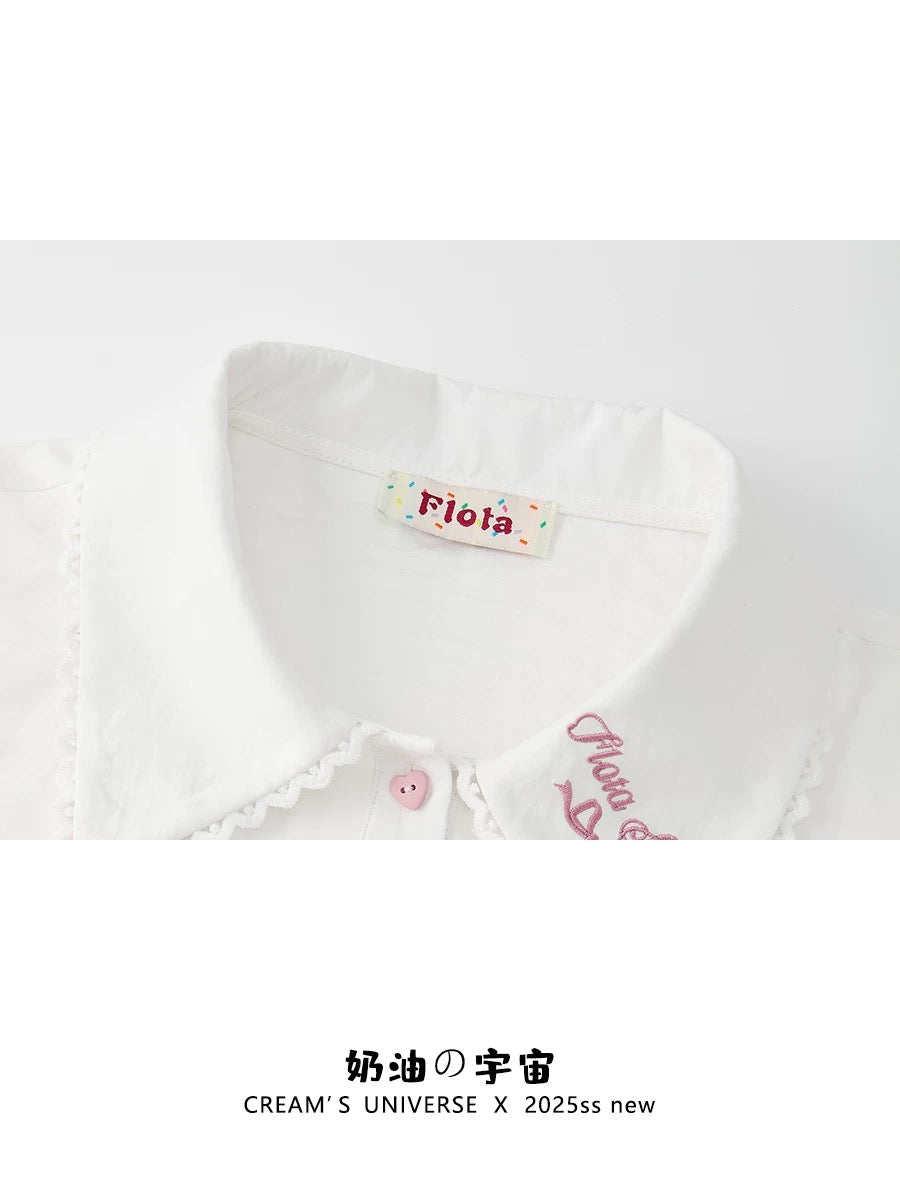 Creamy Universe: Embroidered Lace Polo Collar Short-Sleeve French Sweet White Cropped Top
