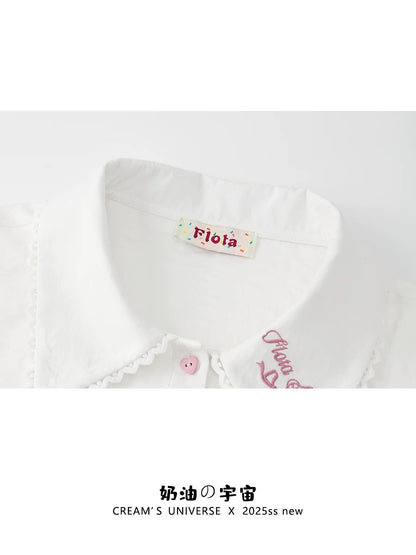 Creamy Universe: Embroidered Lace Polo Collar Short-Sleeve French Sweet White Cropped Top