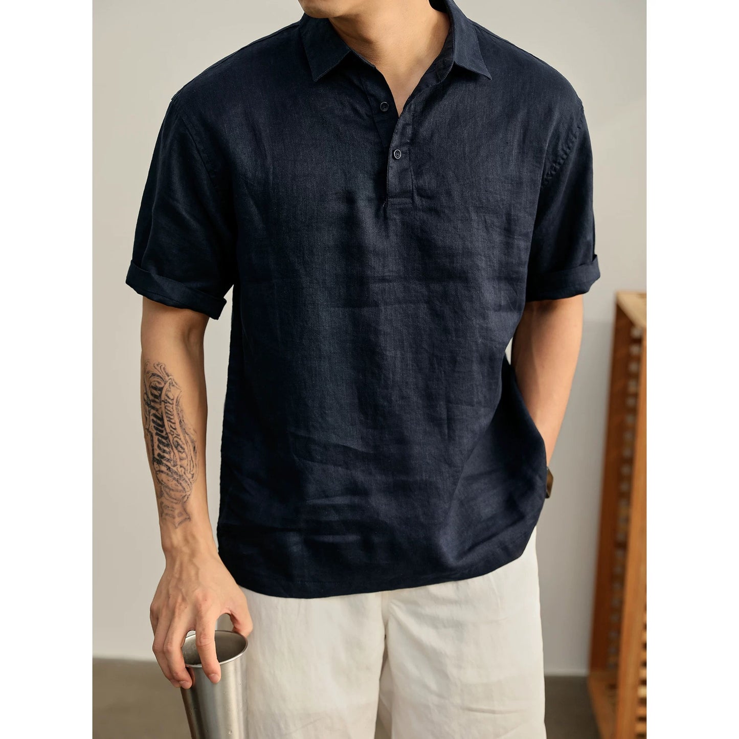 LUUD yuppie old money style pure linen roll-up sleeve lapel short-sleeved T-shirt men's summer slit hem seagull collar POLO shirt
