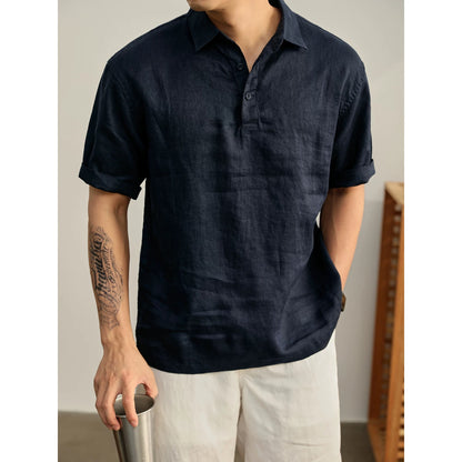 LUUD yuppie old money style pure linen roll-up sleeve lapel short-sleeved T-shirt men's summer slit hem seagull collar POLO shirt