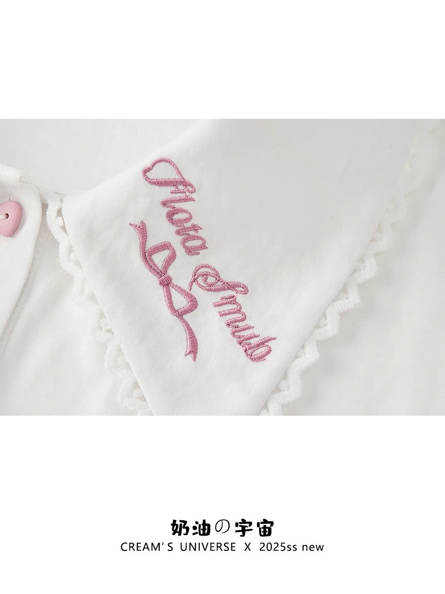 Creamy Universe: Embroidered Lace Polo Collar Short-Sleeve French Sweet White Cropped Top