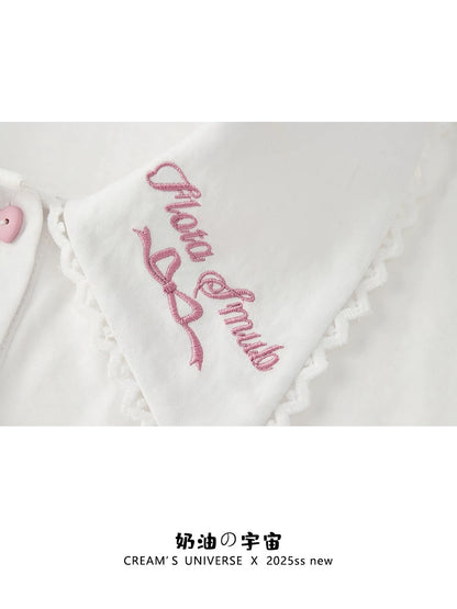 Creamy Universe: Embroidered Lace Polo Collar Short-Sleeve French Sweet White Cropped Top