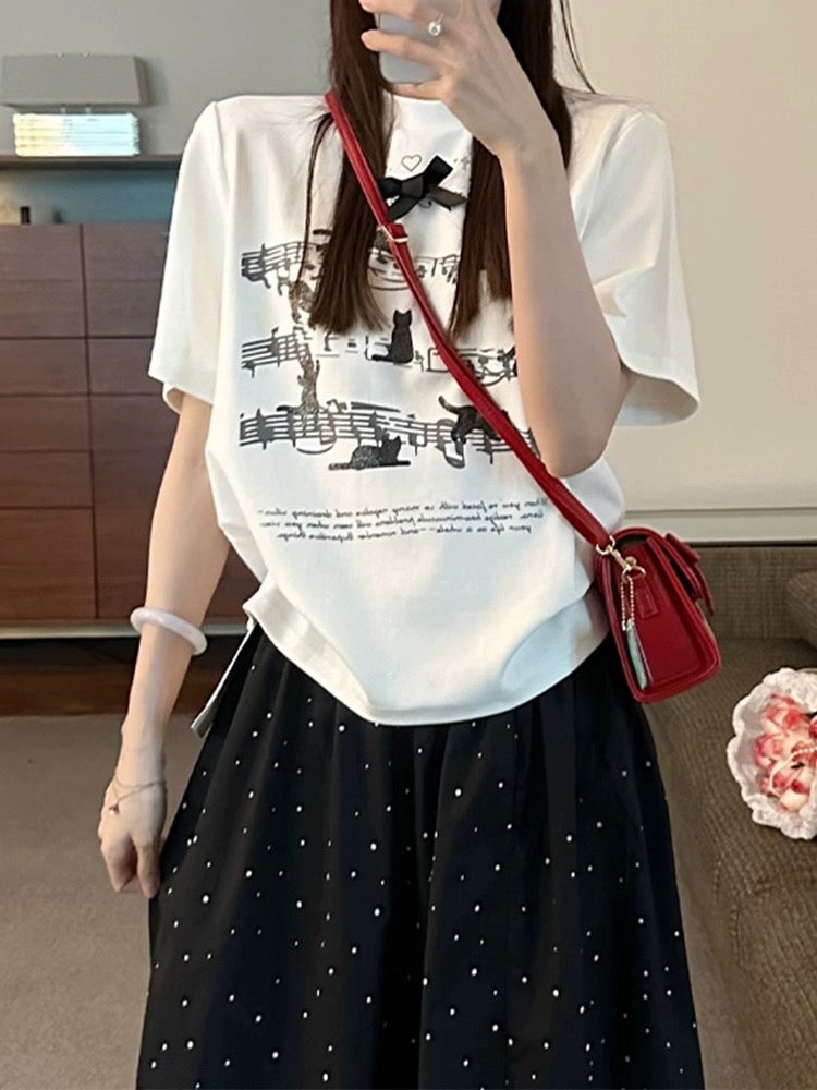 White right shoulder short-sleeved T-shirt for women 2024 new hot style summer super good-looking musical note cat fun printed top