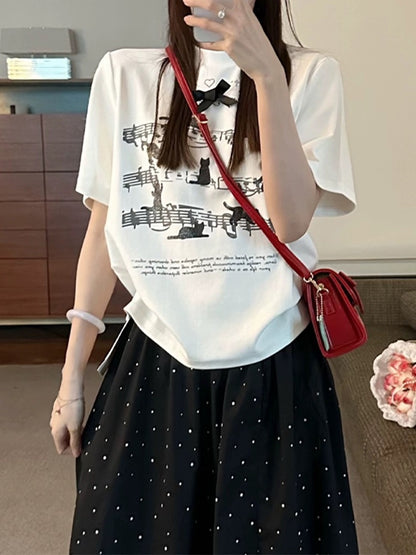 White right shoulder short-sleeved T-shirt for women 2024 new hot style summer super good-looking musical note cat fun printed top