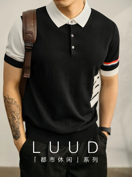 LUUD four-bar color matching trendy slim short-sleeved men's hem slit button design contrast color knitted POLO shirt