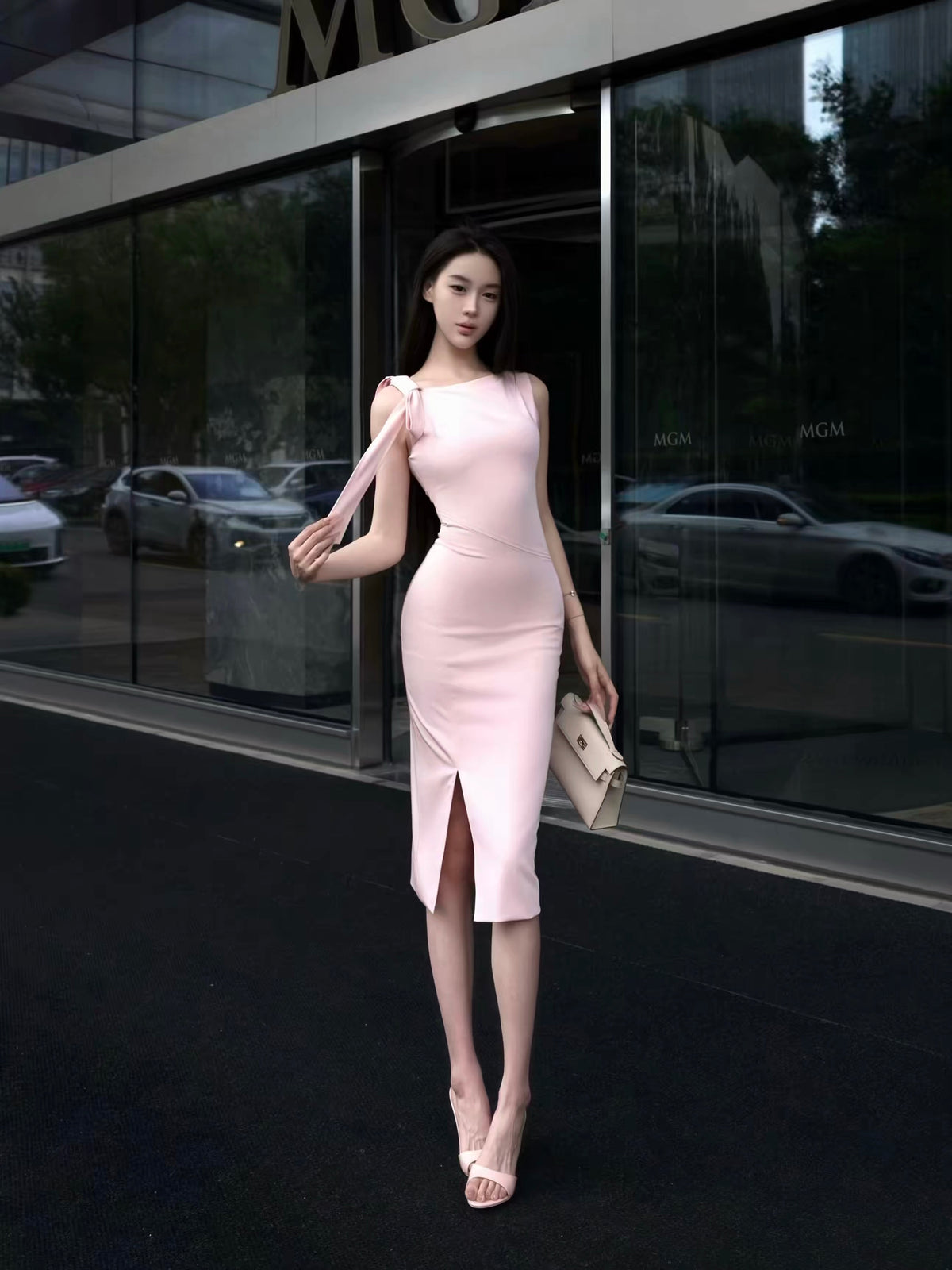 Pink Lady] Pink Bias-Cut Bodycon Dress with Bow Sash and Waist-Cinched Silhouette