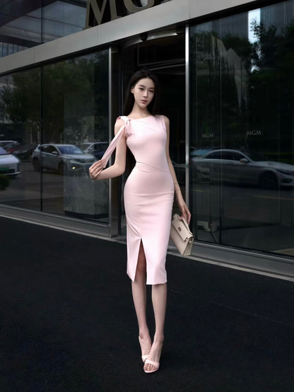 Pink Lady] Pink Bias-Cut Bodycon Dress with Bow Sash and Waist-Cinched Silhouette