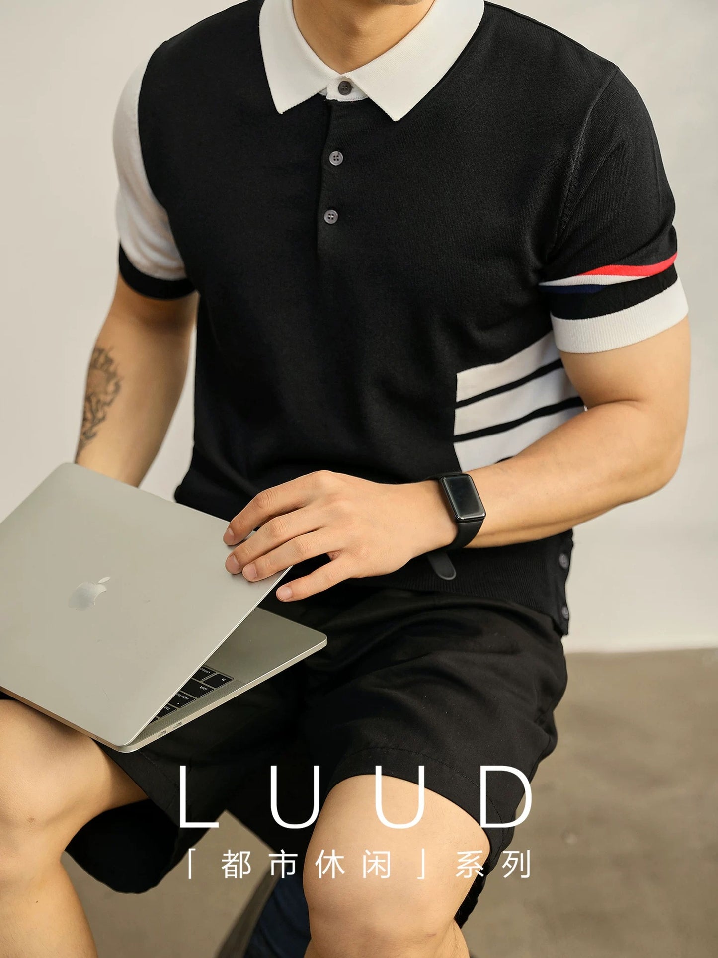 LUUD four-bar color matching trendy slim short-sleeved men's hem slit button design contrast color knitted POLO shirt