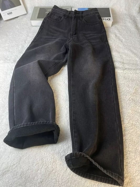 Women's black and gray pants, 2025 new style, plus size, high-waisted, loose, slimming straight leg, wide-leg jeans.