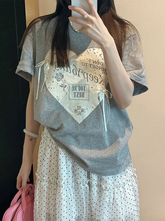Bow letter love printed short-sleeved T-shirt for women 2024 new popular summer round neck loose and versatile top