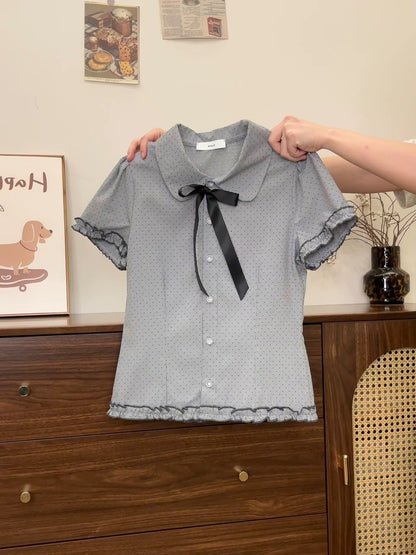Creamy Universe: Polka Dot Bow-Trimmed Polo Shirt with Ruffles, Short-Sleeved, Preppy Style, Slim Fit.