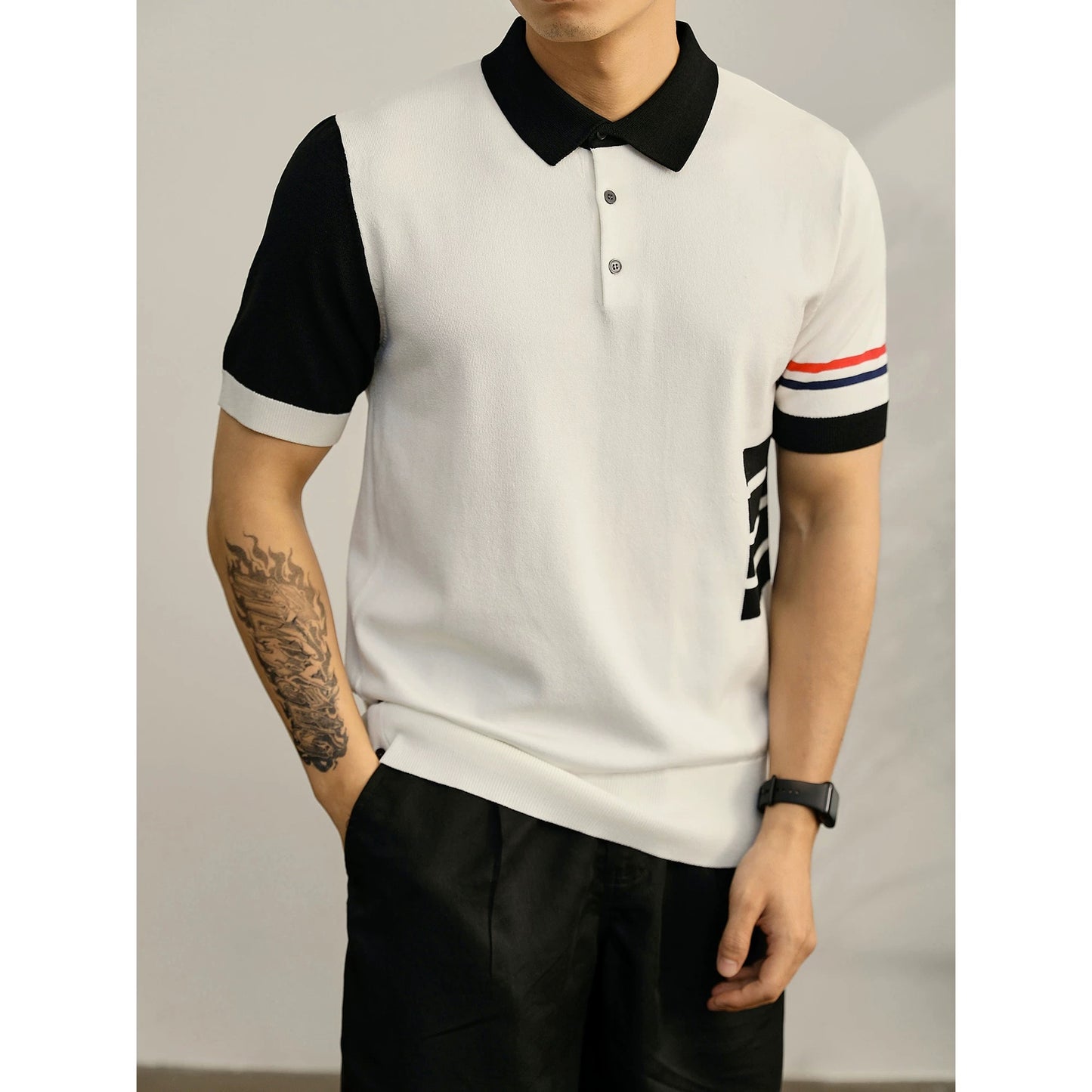 LUUD four-bar color matching trendy slim short-sleeved men's hem slit button design contrast color knitted POLO shirt