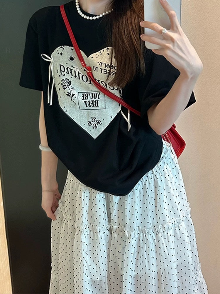 Bow letter love printed short-sleeved T-shirt for women 2024 new popular summer round neck loose and versatile top