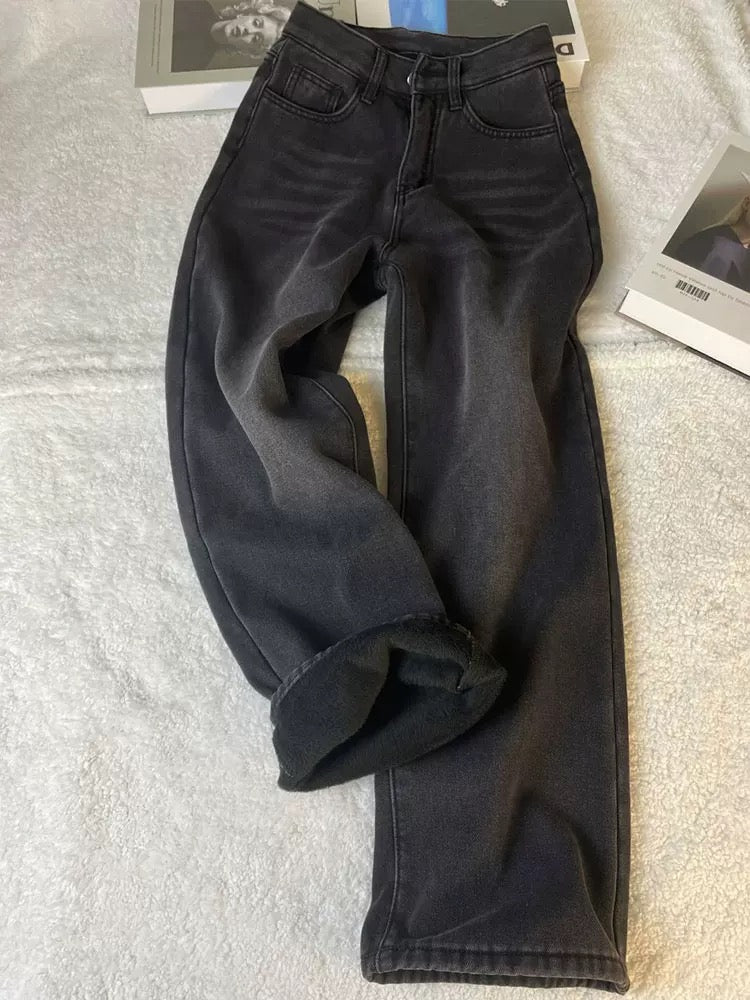 Women's black and gray pants, 2025 new style, plus size, high-waisted, loose, slimming straight leg, wide-leg jeans.