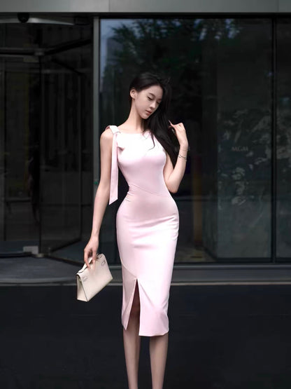 Pink Lady] Pink Bias-Cut Bodycon Dress with Bow Sash and Waist-Cinched Silhouette