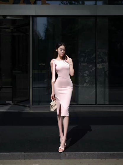 Pink Lady] Pink Bias-Cut Bodycon Dress with Bow Sash and Waist-Cinched Silhouette