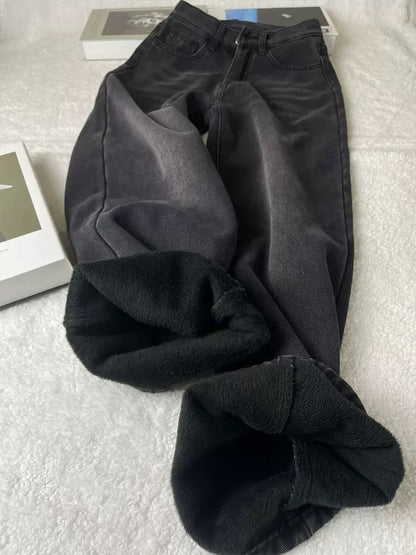 Women's black and gray pants, 2025 new style, plus size, high-waisted, loose, slimming straight leg, wide-leg jeans.