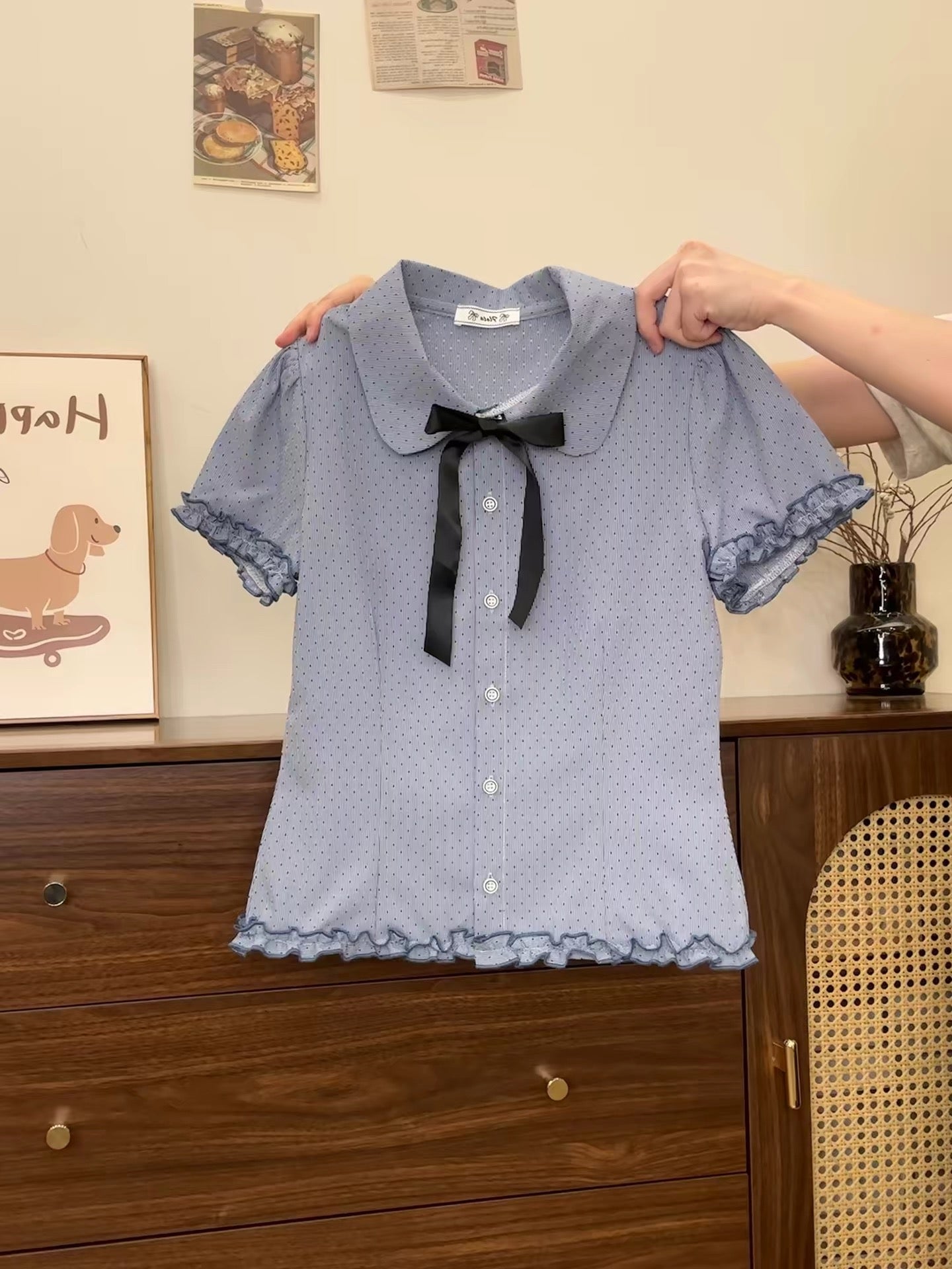 Creamy Universe: Polka Dot Bow-Trimmed Polo Shirt with Ruffles, Short-Sleeved, Preppy Style, Slim Fit.
