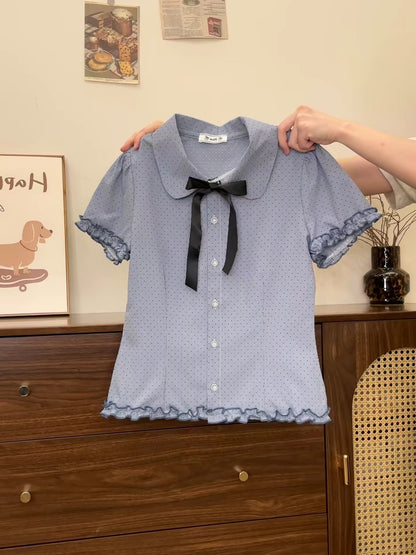 Creamy Universe: Polka Dot Bow-Trimmed Polo Shirt with Ruffles, Short-Sleeved, Preppy Style, Slim Fit.
