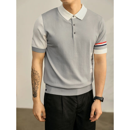 LUUD four-bar color matching trendy slim short-sleeved men's hem slit button design contrast color knitted POLO shirt