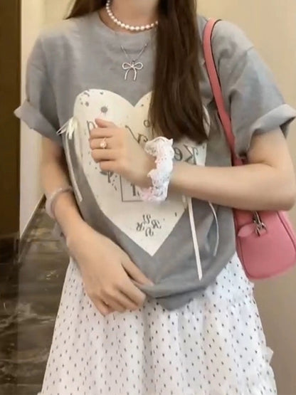 Bow letter love printed short-sleeved T-shirt for women 2024 new popular summer round neck loose and versatile top
