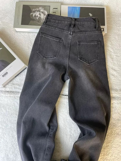 Women's black and gray pants, 2025 new style, plus size, high-waisted, loose, slimming straight leg, wide-leg jeans.