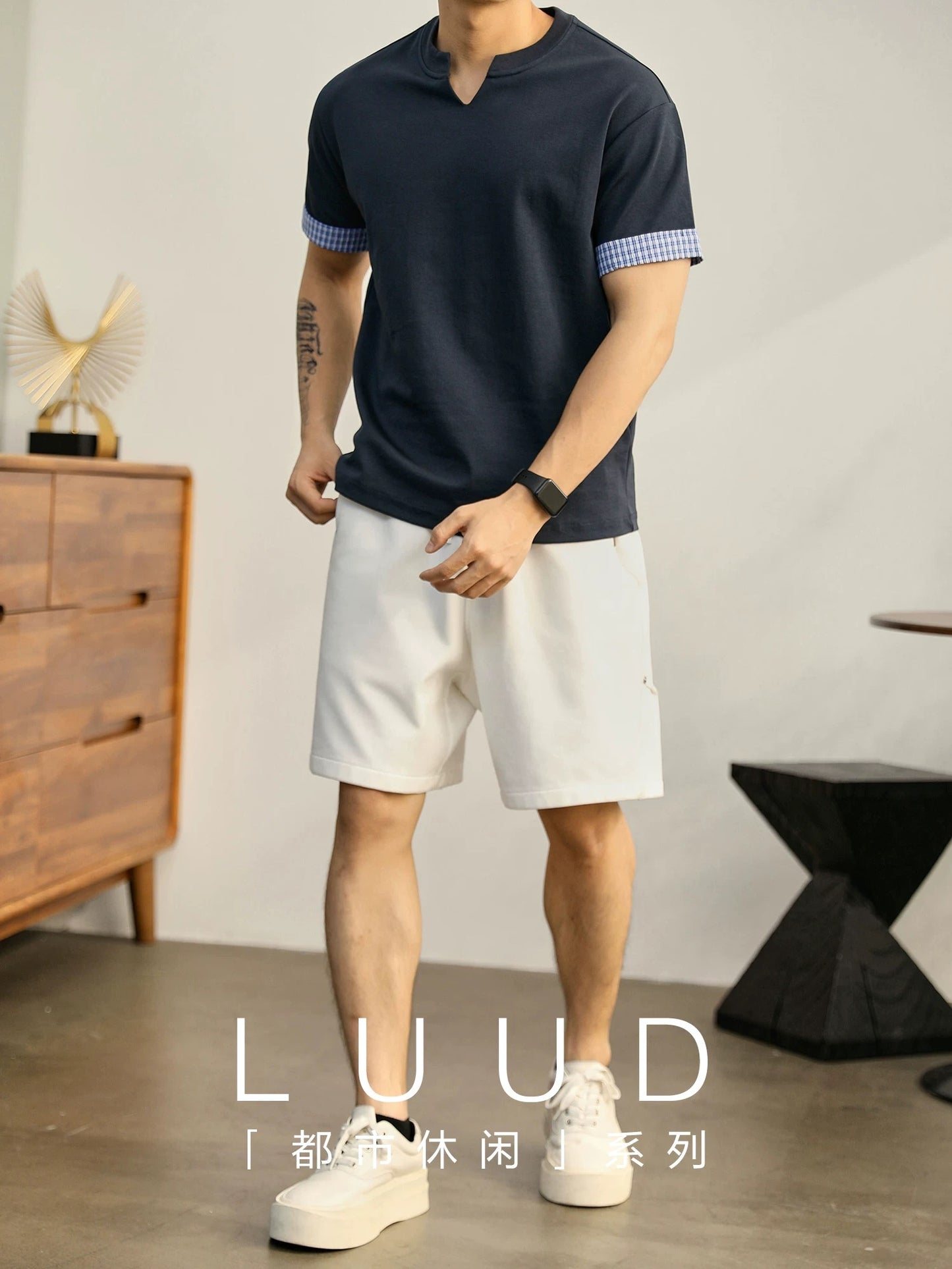 LUUD Men's Summer Fake Two-Piece Plaid Cuffs V-Neck Short Sleeve Intellectual High-end Elegant Luxury Loose T-shirt