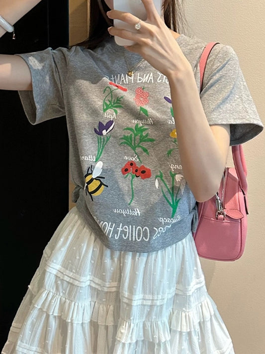 Plant flower flower print right shoulder short-sleeved T-shirt for women 2024 new hot style summer super good-looking short top