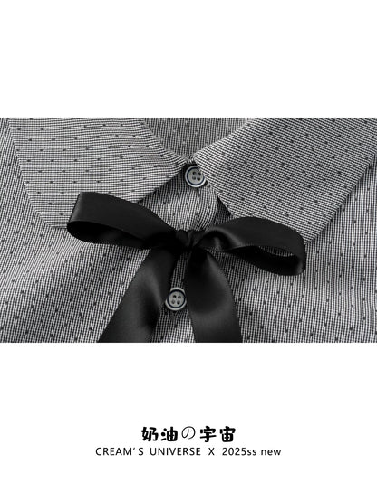 Creamy Universe: Polka Dot Bow-Trimmed Polo Shirt with Ruffles, Short-Sleeved, Preppy Style, Slim Fit.