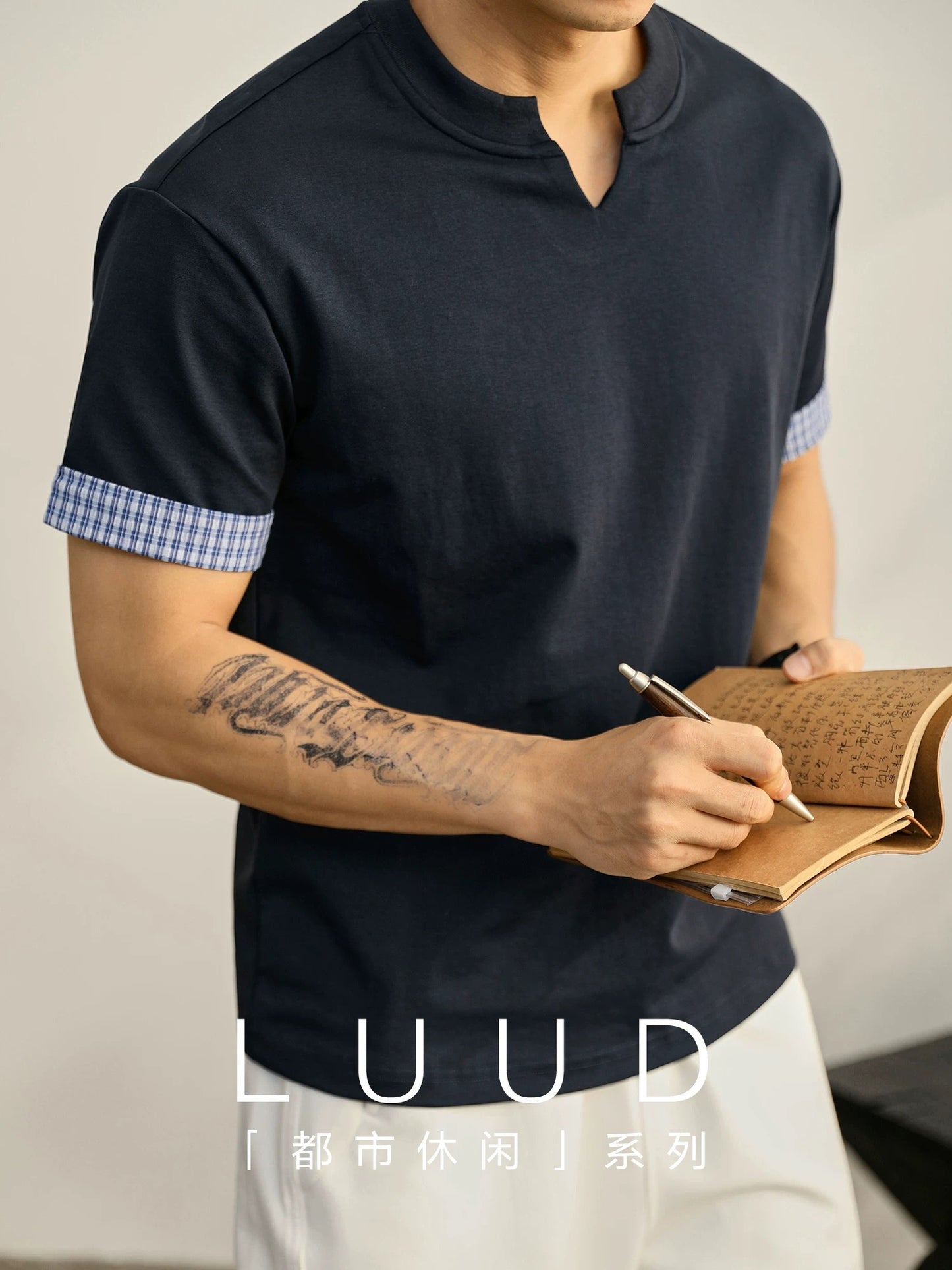 LUUD Men's Summer Fake Two-Piece Plaid Cuffs V-Neck Short Sleeve Intellectual High-end Elegant Luxury Loose T-shirt