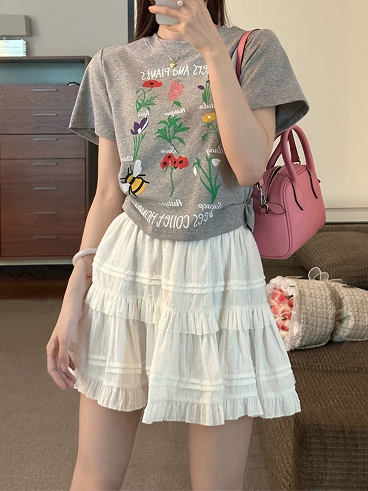 Plant flower flower print right shoulder short-sleeved T-shirt for women 2024 new hot style summer super good-looking short top