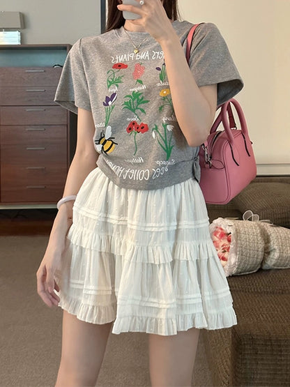 Plant flower flower print right shoulder short-sleeved T-shirt for women 2024 new hot style summer super good-looking short top