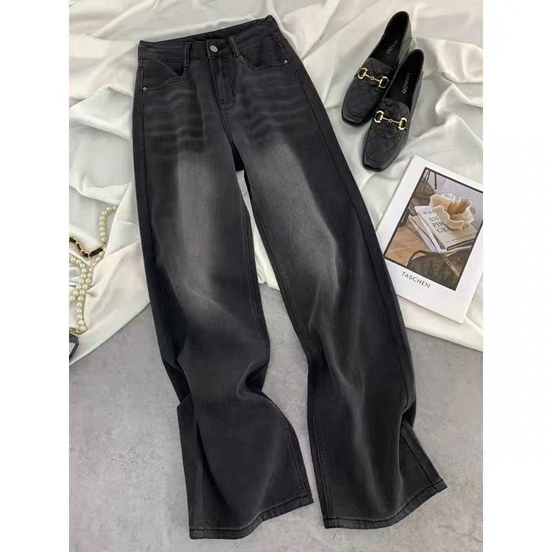 Women's black and gray pants, 2025 new style, plus size, high-waisted, loose, slimming straight leg, wide-leg jeans.