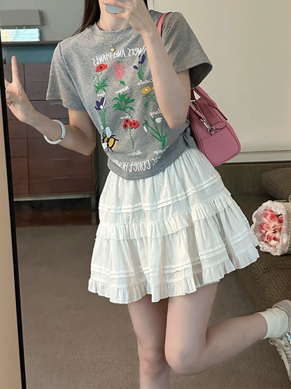 Plant flower flower print right shoulder short-sleeved T-shirt for women 2024 new hot style summer super good-looking short top