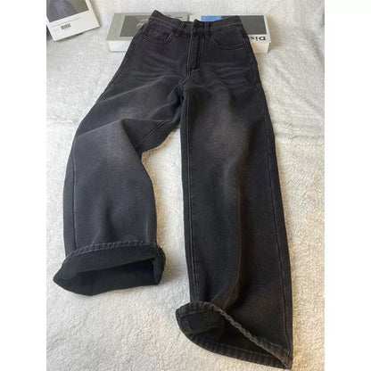 Women's black and gray pants, 2025 new style, plus size, high-waisted, loose, slimming straight leg, wide-leg jeans.