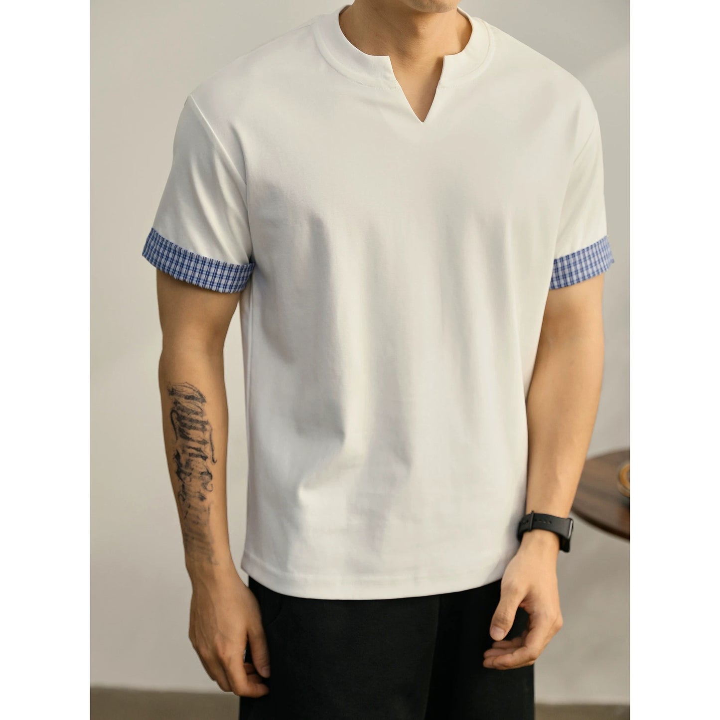 LUUD Men's Summer Fake Two-Piece Plaid Cuffs V-Neck Short Sleeve Intellectual High-end Elegant Luxury Loose T-shirt