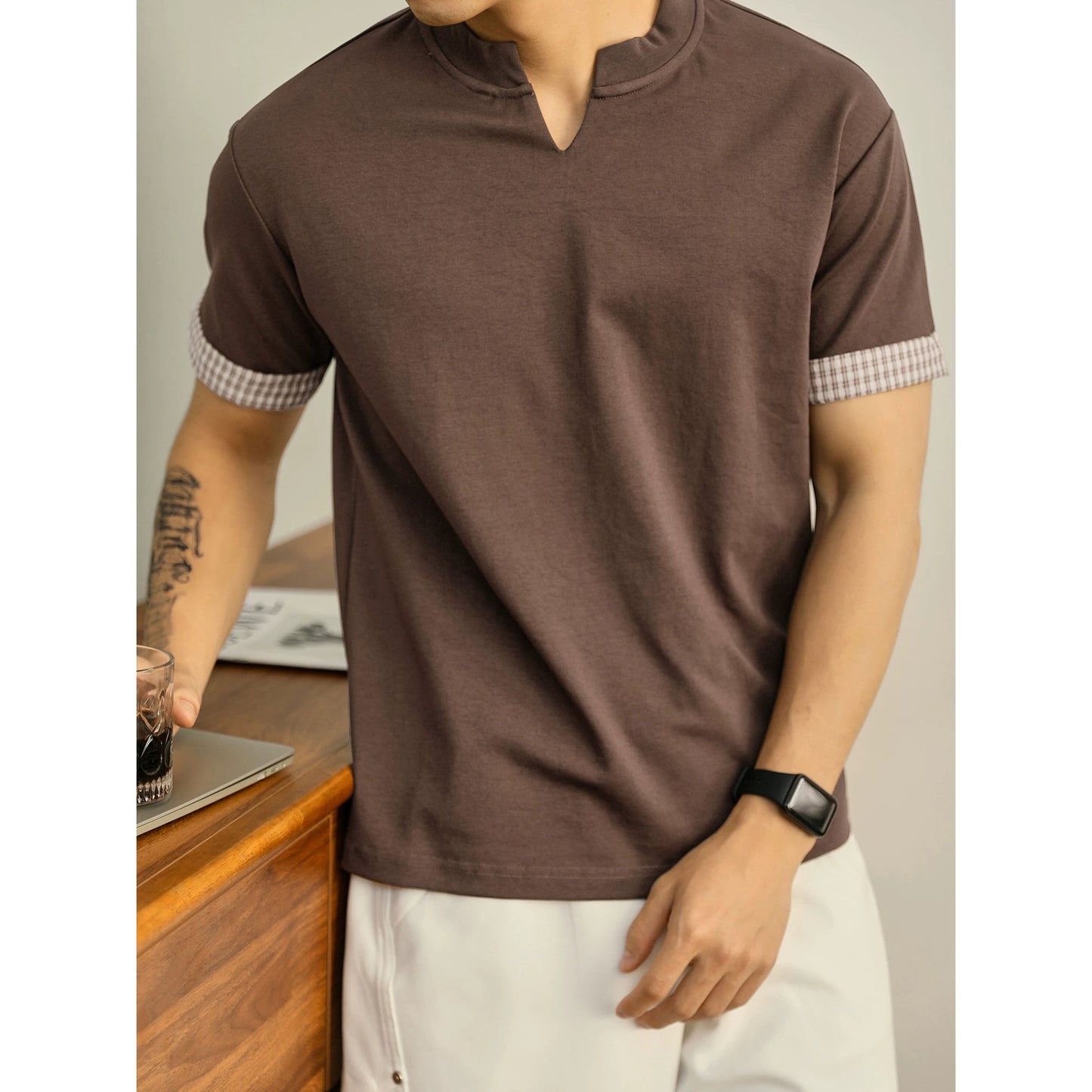 LUUD Men's Summer Fake Two-Piece Plaid Cuffs V-Neck Short Sleeve Intellectual High-end Elegant Luxury Loose T-shirt