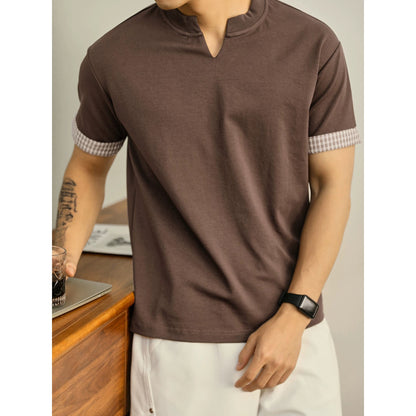 LUUD Men's Summer Fake Two-Piece Plaid Cuffs V-Neck Short Sleeve Intellectual High-end Elegant Luxury Loose T-shirt