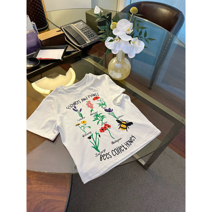 Plant flower flower print right shoulder short-sleeved T-shirt for women 2024 new hot style summer super good-looking short top