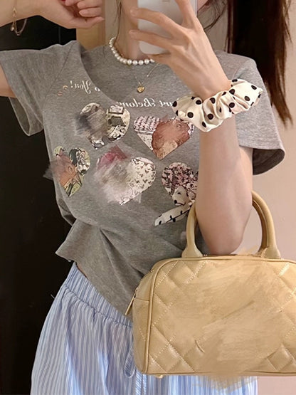 Cute cartoon love printed right shoulder short-sleeved T-shirt for women 2024 new hot style summer super nice short top