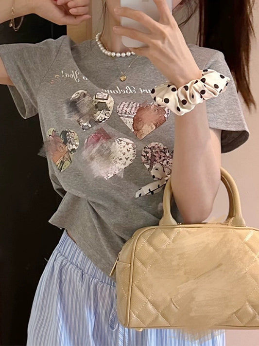 Cute cartoon love printed right shoulder short-sleeved T-shirt for women 2024 new hot style summer super nice short top