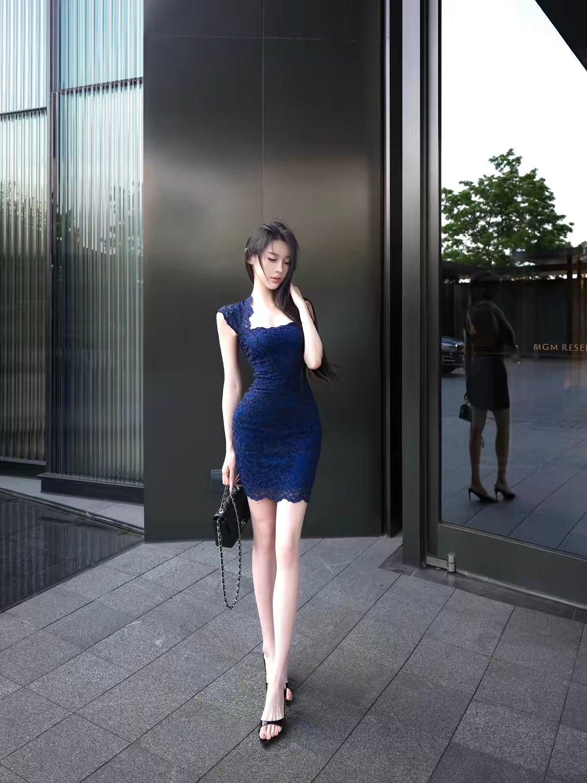 [Klein Blue] Intricately crafted lace-paneled, form-fitting, cut-out dress with stretch and hip-hugging silhouette