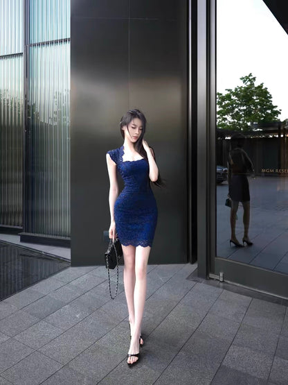 [Klein Blue] Intricately crafted lace-paneled, form-fitting, cut-out dress with stretch and hip-hugging silhouette