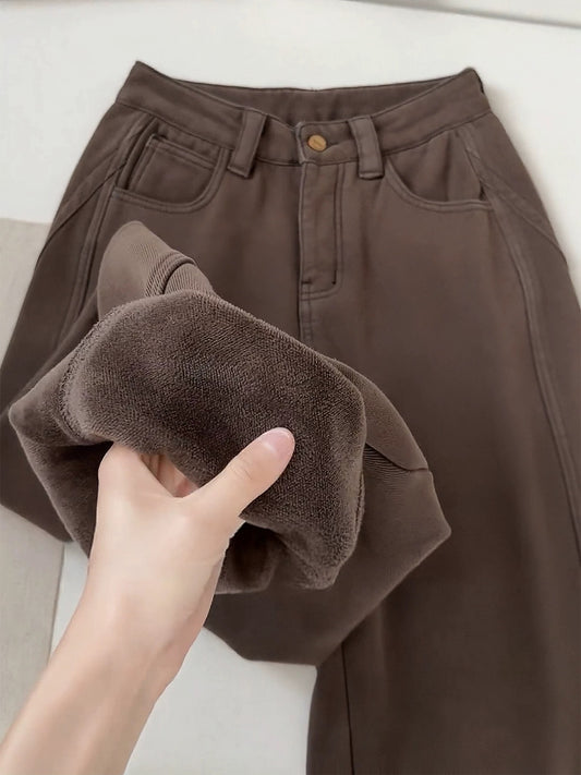 Merlad brown straight-leg fleece-lined jeans for women, plus size curved trousers, loose fit, slimming wide-leg pants.