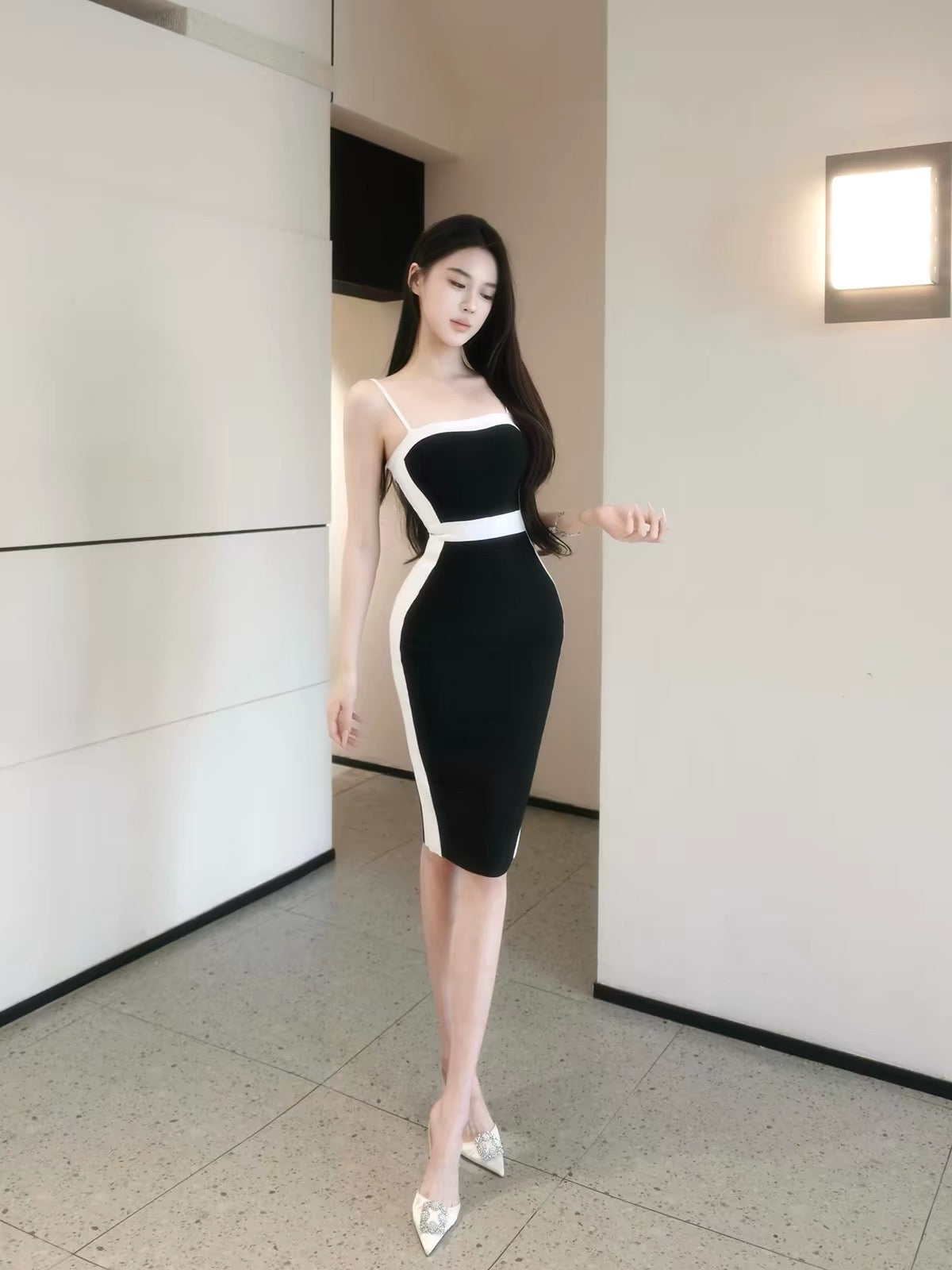 YUANZI [Black & White Yilan] Spaghetti-Strap Color-Block Bodycon Bandage Dress with Waist-Cinching Visual Magic Effect