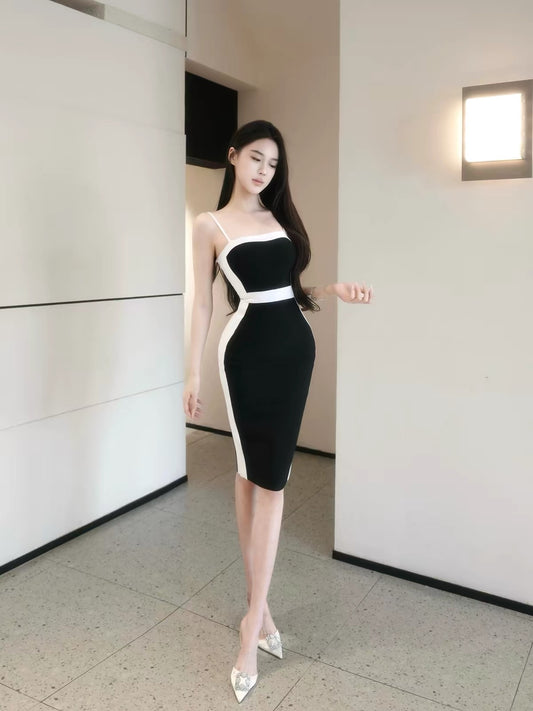 YUANZI [Black & White Yilan] Spaghetti-Strap Color-Block Bodycon Bandage Dress with Waist-Cinching Visual Magic Effect