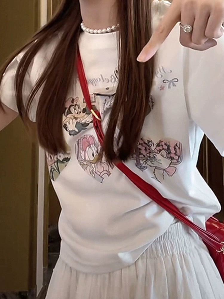 Cute cartoon love printed right shoulder short-sleeved T-shirt for women 2024 new hot style summer super nice short top