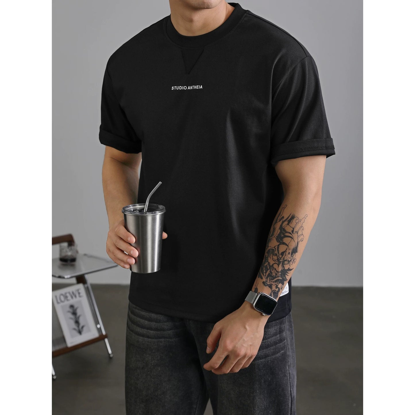 LUUD handsome heavy cleanfit short-sleeved men's summer trendy brand printed tops casual all-match round neck T-shirt